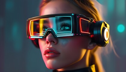 Wall Mural - Futuristic Vision: Close-up Portrait of a Woman in High-Tech Glasses