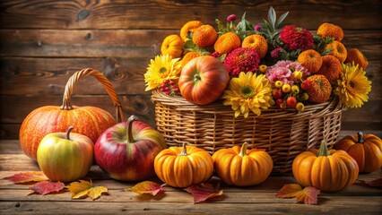 Wall Mural - Autumnal still life with pumpkins, apples, and chrysanthemums in a basket perfect for Thanksgiving or Halloween themed designs