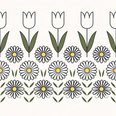 Minimalist Floral: A modern, minimalist floral pattern with simple line art of tulips and daisies, set against a white background, offering a clean, elegant aesthetic.