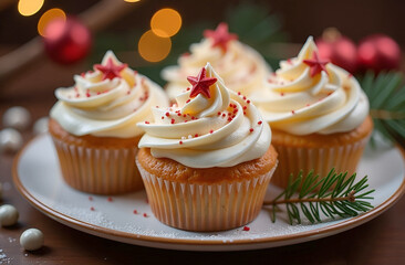 Christmas muffins decorated with cream, sprinkles and stars on the blurred background