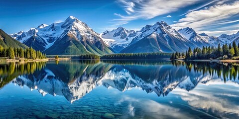 Sticker - Expansive, serene view of snow-capped mountains reflected in crystal-clear alpine lake, Mountains, snow, reflection, alpine