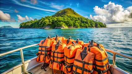 Poster - Life jackets stacked on a sailing boat with a tropical island in the background, life jacket, sea, sailing, boat