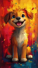 Wall Mural - Cartoon art style, a playful dog character with exaggerated features, bright colors, and a lively background, perfect for a fun illustration.