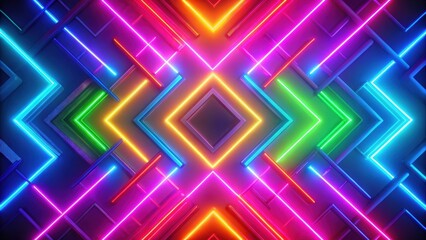 Wall Mural - Abstract render of a colorful neon background with arrows pointing right, , render, abstract, panoramic, red, blue, pink