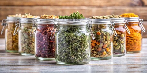 Poster - Glass jar filled with layered dried herbs, showcasing different shapes and sizes packed tightly together , herbs, dried