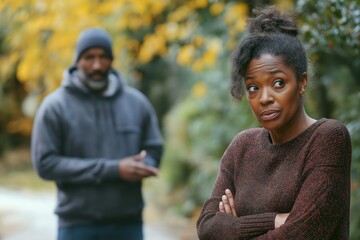 A woman stands with crossed arms in a park, facing a man as autumn leaves create a colorful backdrop during a tense conversation