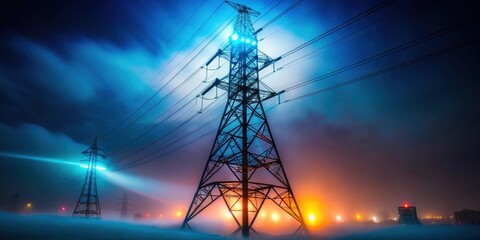 Canvas Print - Neon-lit foggy urban electric tower at night, neon, fogy, moody, street, city, urban, lights, atmosphere, modern, dusk