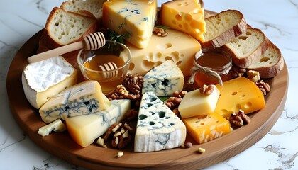 Exquisite cheese and bread platter adorned with honey and nuts, featuring brie, blue cheese, and cheddar on a rustic wooden board