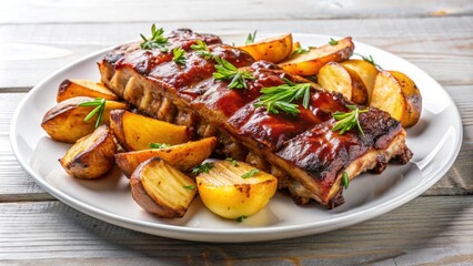 Poster - Delicious pork ribs and roasted potatoes on a white plate, pork, ribs, roasted, potatoes, meal, food, tasty, barbecue, savory