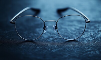 Round glasses on dark blue surface.