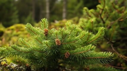 Sticker - Young evergreen tree branches adorned with small pine cones in a lush forest during the early morning light