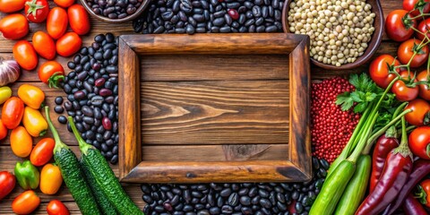 Canvas Print - Fresh raw vegetables and black beans in a wooden frame, organic, food, vegetables, black beans, fresh, raw, healthy, natural