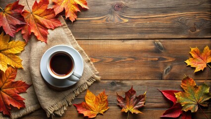 Sticker - Autumn-themed background with a cup of hot coffee on wooden table surrounded by leaves and rug, autumn, background, coffee