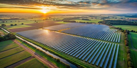 Wall Mural - Aerial view of modern solar farm at sunrise in English countryside panoramic, solar farm, modern