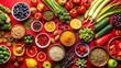 © Sujid - Colorful assortment of healthy foods arranged in a top view on a red background, healthy, vibrant, assortment, fruits