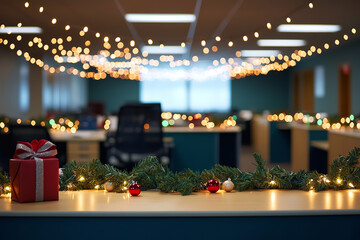 Wall Mural - Festive Open Office Decor with String Lights and Desk Ornaments  