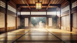Traditional Japanese style dojo with haze in the air , karate, school, martial arts, training, Japan, tatami
