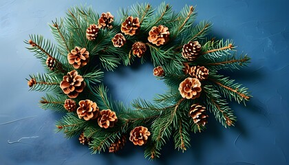 Wall Mural - Festive Christmas Wreath Decorated with Pine Cones and Evergreen Branches on a Vibrant Blue Background