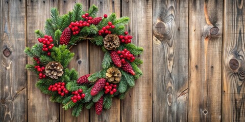 Poster - Elegant Christmas wreath with red berries and pinecones on rustic wooden door , holiday, decoration