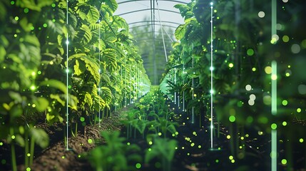 Wall Mural - futuristic greenhouse with plants thriving under a digital network of lights sensors depicts the con