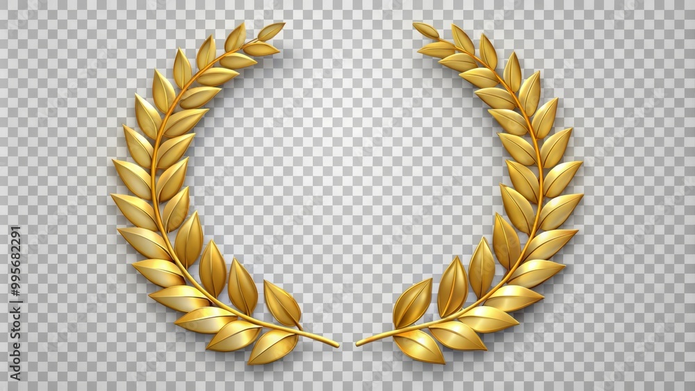 Golden laurel wreath forming a circle on transparent background, a ...