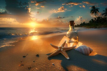 Wall Mural - Beach With Treasure. Sunset Background with Seashell, Message in Bottle, Starfish on Sandy Tropical Beach