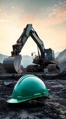 Wall Mural - Green Safety Helmet on Ground with Excavator in Background.