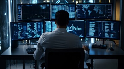 hacker working on multiple monitors with data and code, cybersecurity, data security, cybercrime