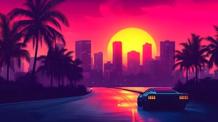 A synthwave background with palm trees and the sun setting behind an urban skyline, featuring retro-futuristic elements like vintage cars and neon lights