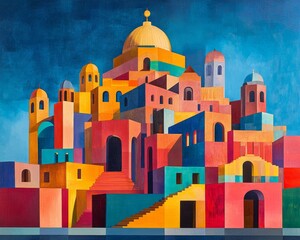 Wall Mural - Geometric city skyline with vibrant colors. .