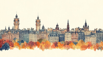 Edinburgh, color pen pencil hand-drawn effect drawing illustration for travel poster, card, wallpaper, backdrop or banner. Modern, clear, artistic and simple