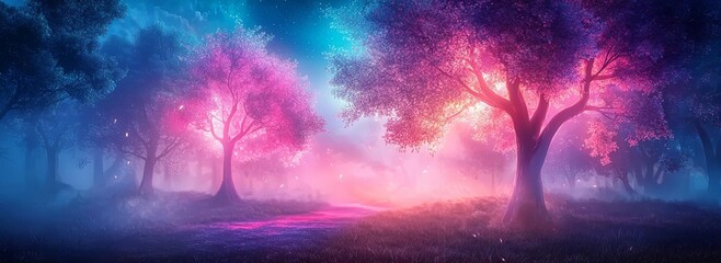 Mystical forest with vibrant trees under ethereal pink and blue light.