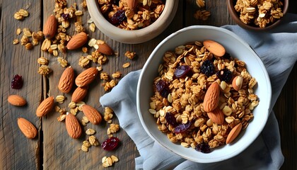 Nutritious Granola Bowl with Almonds, Cranberries, and Raisins for a Healthy Breakfast or Energizing Snack