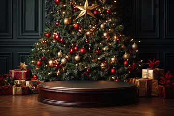 Wall Mural - Round wooden podium displaying product with christmas tree background with lights and ornaments creating a festive atmosphere. Ideal for business events or promotions, with space for text or products