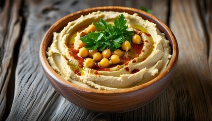 Savory Hummus with Chickpeas and Fresh Parsley Drizzled with Olive Oil and Paprika on Rustic Wooden Surface