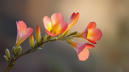 Poster - Delicate pink and orange flowers bloom gracefully in sunlight during the early morning hours, showcasing nature's beauty