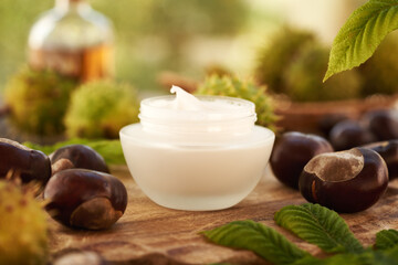 Sticker - Horse chestnut cream in a glass jar with Aesculus hippocastanum fruit and leaves