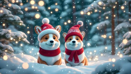 Wall Mural - Corgi in Santa Hat Surrounded by Winter Forest Wonderland for Christmas and New Year Celebration