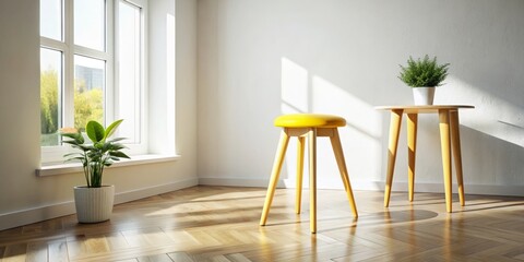 In a serene minimalist space, a vibrant yellow stool stands out, illuminated by natural light, infusing the room