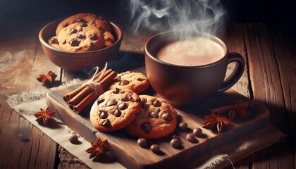 A rustic wooden table with a steaming mug of hot chocolate and a plate of freshly baked chocolate chip cookies