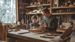 © @ArtUmbre - A workshop filled with wooden tools and materials. In the foreground, a young boy and an adult man, presumably his father, are engaged in a woodworking activity