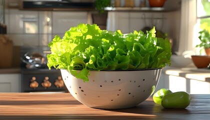 Wall Mural - Sunlit kitchen scene featuring a bowl of fresh lettuce, showcasing vibrant colors and natures bounty through innovative generative AI techniques.