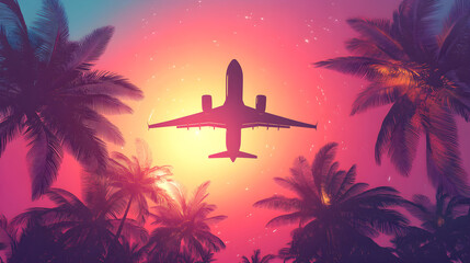 Wall Mural - Airplane flying above palm trees in clear sunset sky with sun rays. concept of traveling. vacation and travel by air transport. beautiful sky background. generative ai. travel. Illustration,