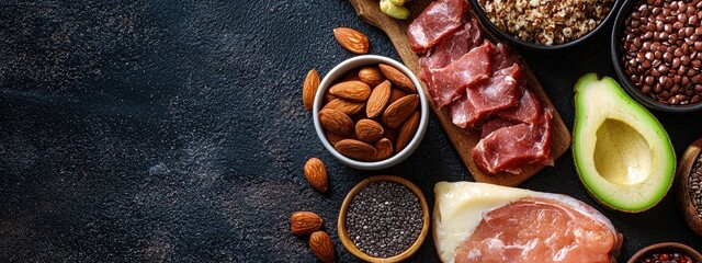 Wall Mural - keto diet products on the table top view. Selective focus