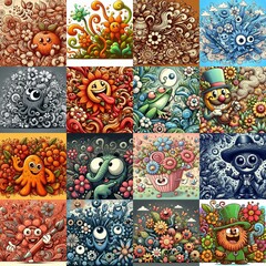 Canvas Print - Cartoon style art flowers drawing. AI generated illustration