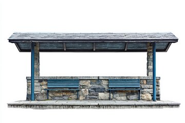 Wall Mural - Bus shelter with stone structure and blue benches, white isolated background.