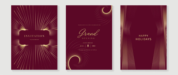 luxury invitation card background vector. golden elegant wavy gold line pattern on red background. p