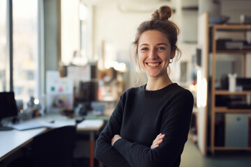 happy female business designer standing in an office smiling at work