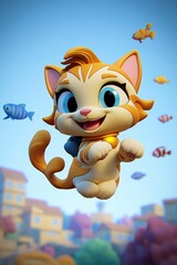 Poster - Cute Cartoon Cat Flying Over Cityscape