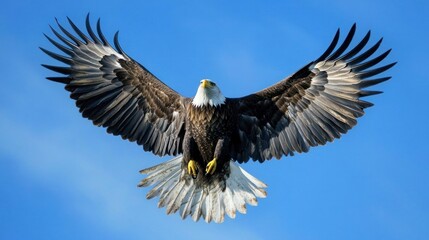 Wall Mural - a majestic bald eagle in flight with its wings spread wide against a clear blue sky.